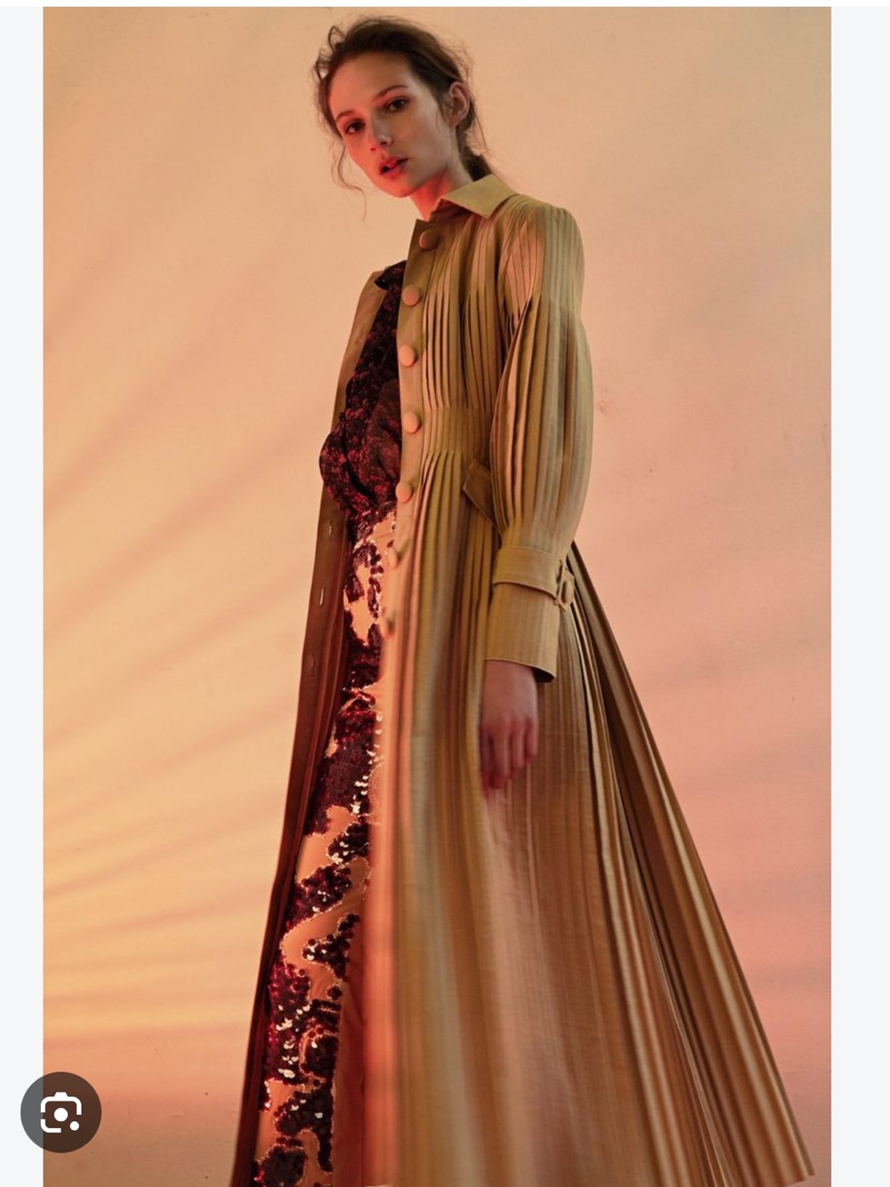 $3000 Huishan Zhang trench style dress Elegant Pleated Midi Shirt Dress in Tan